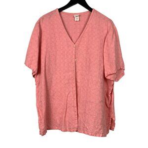 Eileen Fisher Womens 1X Pink Irish Linen V-Neck Button-Up Blouse